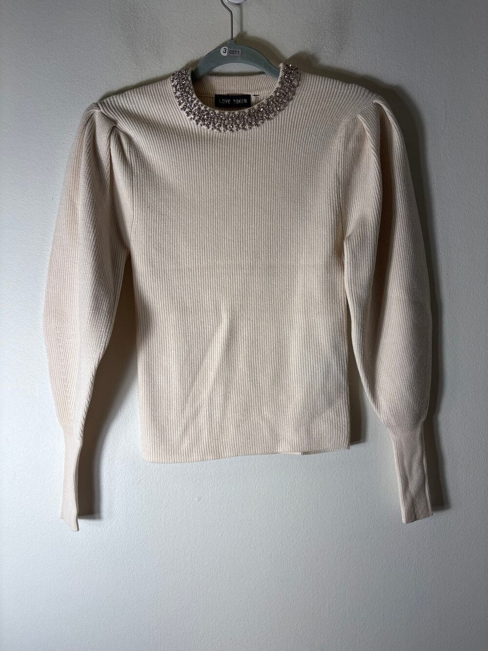Love Token Cream Ribbed Jewel Trimmed Neckline Sweater Sz S